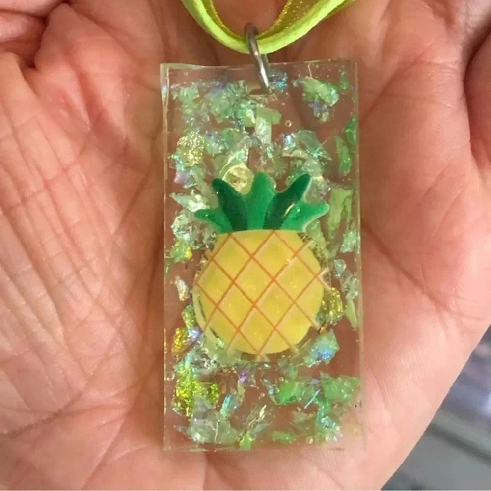 Pineapple Green Yellow Glitter Resin Taffeta Ribbon Necklace Handmade New NWT